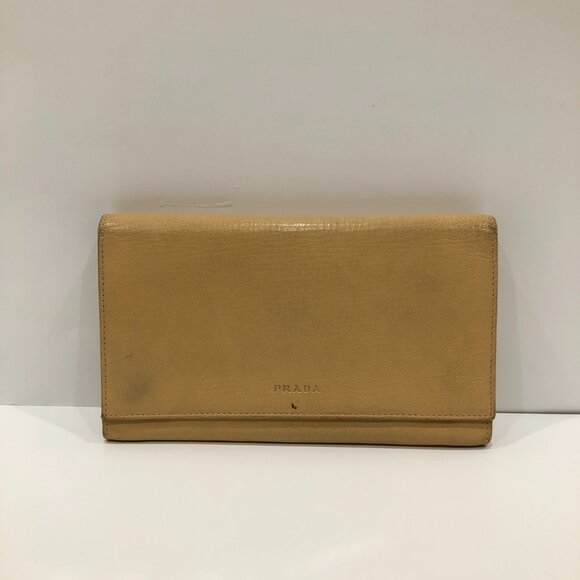 Prada Beige Leather Flap Long Wallet Sku#84452 (Gently used, corners rubbing) - Picture 1 of 13